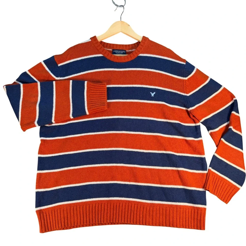 American Eagle Outfitters Mens XXL Striped Cotton Wool Sweater Orange Navy Blue
